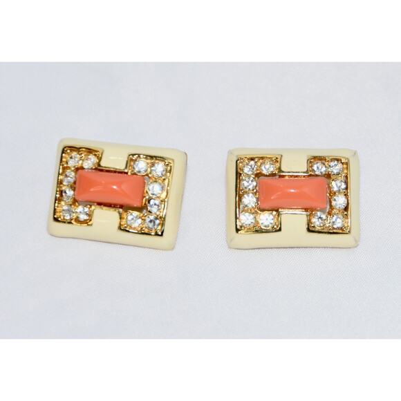 KENNETH JAY LANE Vintage Art Deco Coral - Crystal and Enamel Clip Earrings - Picture 2 of 8